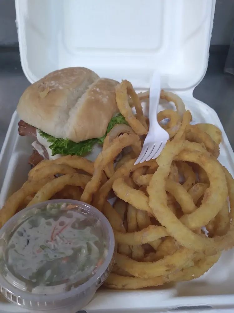 Double Bacon Cheese Burger with Homemade Onion Rings